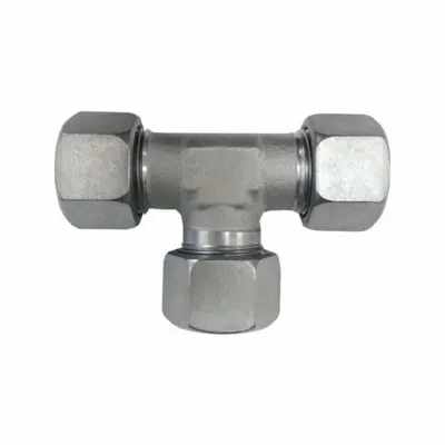 BRENNAN INDUSTRIES Compression Tee Fitting: M22x1.5 x M22x1.5 x M22x1.5 Thread Size, Steel - Flareless Bite-Type Steel Compression Fittings