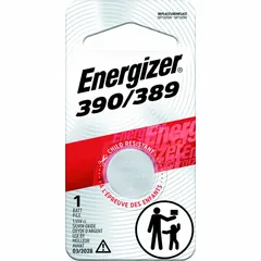The ENERGIZER 389 is a disposable silver oxide button cell battery delivering 1.5V DC with an 85 mAh capacity. It measures 0.114 inches in depth and is designed for low-drain applications such as watches, calculators, medical devices, and key fobs.