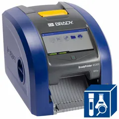 Single-color printer for on-demand label printing in laboratory settings. Supports PC connected or standalone operation via Ethernet or USB. Includes Brady Workstation Laboratory Identification Suite software and a cleaning kit.
