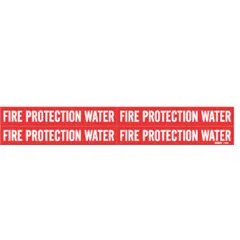Red adhesive pipe marker with white legend 'Fire Protection Water'. Fits pipe outer diameters from 3/4 to 2-3/8 inches. Set of 4 markers without arrows. Used to identify fire protection water piping in fire suppression systems.