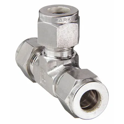 PARKER Compression Tee Fitting: 3/8 in OD x 3/8 in OD x 3/8 in OD Fitting Size - Double-Ferrule Stainless Steel Fittings