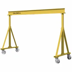 This CALDWELL gantry crane has a fixed height and a 2,000 lb load capacity. The steel frame provides a 14.7 ft adjustable span. It is mobile under load and designed for lifting and positioning tasks in industrial environments such as workshops and warehouses.