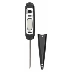 Stem-type digital thermometer with LCD display and metal-detectable plastic construction. Provides ±4 °F accuracy and features auto-off. Overall length 4 in, diameter 3/4 in. NSF certified. Used for food temperature testing in commercial kitchens and food processing.