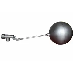General service float valve assembly for water media. Angle valve body with cylindrical design mounts on horizontal piping. Includes float and rod with 3/8"-16 thread and adjustable arm. Inlet and outlet connections are FNPT. Flow rate 63.4 gpm at 65 psi. Used for automatic level control in tanks and reservoirs.