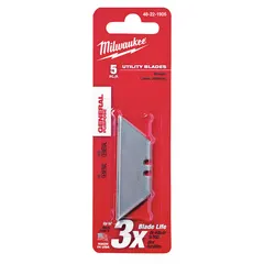 Steel utility blades with straight edge and standard tip. Each blade measures 3/4 in width and 0.025 in thickness. Suitable for cutting cardboard, drywall, plastic strapping, and other light-duty materials. Fits most standard snap-off utility knives.