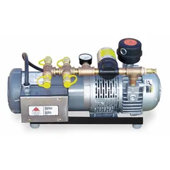This 2 hp ambient air pump delivers 16 cfm at 15 psi operating pressure. It is equipped with 1/4 in Hansen fittings for quick coupling. Suitable for supplying low-pressure breathing air in industrial environments such as painting, chemical handling, and confined-space operations.