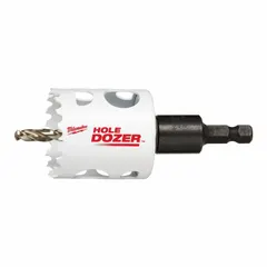 This bi-metal hole saw with attached arbor cuts through wood, metal, plastic, and drywall. With 8 teeth per inch and a 1 13/16 in maximum cutting depth, it is suited for general construction, electrical, and plumbing applications requiring a 1 3/4 in diameter hole.