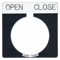 Square legend plate for 30 mm panel mounting, with 1 3/4 in overall height and width. Constructed of black metallic aluminum with a white legend area featuring English 'Open-Close' text and a notch design. Used to label push-button stations in industrial control panels, providing clear operator guidance for machinery and process controls
