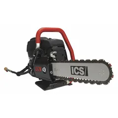 This gas-powered chain saw features a 14 in bar length and a two-stroke, air-cooled engine delivering 6.4 horsepower at 9300 +/- 150 RPM. It is designed for cutting reinforced concrete, masonry, and stone in construction and demolition applications. Requires a 50:1 gas/oil mix.