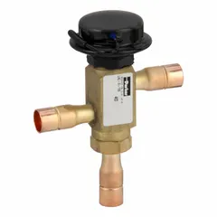 Fixed-adjustment low ambient control valve for R-407C refrigerant systems. Maintains minimum condenser pressure during low ambient temperatures to prevent liquid floodback. Features 1/2-inch female sweat connections on both condenser and receiver ports, with a 180 psi pressure setting.