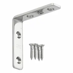 Standard duty shelf bracket made of 304 stainless steel with a mirror finish. Rated for 9 lb capacity. Suitable for light-duty shelving in display cases, cabinets, and retail fixtures.