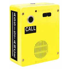 Surface-mount emergency speakerphone with auto-dial operation and volume control. Features a water-resistant yellow aluminum enclosure and armored phone line cord. Operates on PSTN network for outdoor commercial use in areas requiring reliable two-way voice communication.