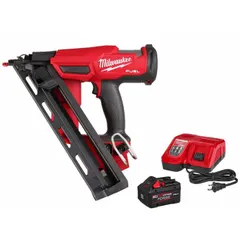 This cordless finish nailer drives 15-gauge nails at a 34° angle in sequential firing mode. It is suited for trim, molding, baseboard, and other finish carpentry tasks. The kit includes one 8.0 Ah Li-Ion battery and adhesive.