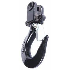 Replacement top hook assembly for lever chain hoists. Includes a safety latch for secure operation. Compatible with Dayton series hoists. Rated for loads up to 1,500 lb.