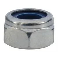 Locking nut designed as a replacement part for material handling equipment. Fits Dayton brand models 1VW55, 1VW56, and 1VW57. Used to secure components and prevent loosening during operation