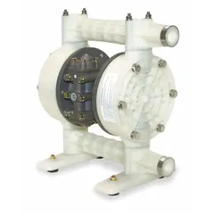 This air-operated double-diaphragm pump features a polypropylene housing with 1-inch NPT connections, delivering 35 gpm at a maximum head of 231 ft. The seat is made of PP and the check valves are PTFE, making it suitable for transferring corrosive or abrasive fluids in industrial processing, chemical handling, and wastewater applications.