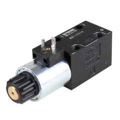 This directional control valve is designed for hydraulic systems requiring precise fluid flow direction. It features NBR seals and is available with explosion-proof solenoids (ATEX certified). The valve offers high functional limits up to 80 l/min and a maximum pressure of 350 bar, with optimized flow passages for low pressure drop. Suitable for industrial machinery, mobile equipment, and process automation.