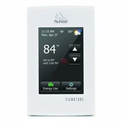 The NUHEAT Signature thermostat is a touch-screen control for electric floor heating systems. It operates on 120/240V AC and maintains floor temperatures from 41° to 104°F. Suitable for use with tile, stone, and laminate floors in residential and commercial spaces.