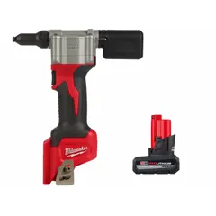 Cordless riveting tool with 2,000 lbf pulling force and 1 1/2 in stroke length. Powered by M12 battery system. Includes tool and one battery; charger not included. Used for installing blind rivets in metal fabrication, automotive repair, and construction applications.