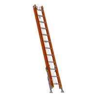 This two-section fiberglass extension ladder has a 24 ft reach and a 300 lb load capacity. It features leg leveling for stability on uneven surfaces, a removable fly section, and a built-in bubble level. The non-conductive fiberglass construction is suitable for work near electrical hazards