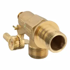 Brass angle float valve body with 3/4" MNPT male inlet and outlet connections. Features bulkhead mounting, adjustable arm, and 1/4"-20 rod thread. Flow rate 21 gpm at 35 psi. For water media. Supplied without float and rod.