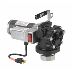 This gear drum pump is designed for transferring medium-viscosity fluids such as oils, coolants, and chemicals from drums or containers. It features a 1/4 hp motor operating on 115 V AC, delivering 8 gpm and handling viscosities up to 450 cps. The pump body is constructed of polyethylene.
