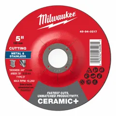 This MILWAUKEE cut-off wheel is a Type 27 ceramic abrasive wheel with 46 grit, measuring 5 inches in diameter, 0.045 inches thick, with a 7/8 inch arbor. Designed for cutting carbon and stainless steel, it is suitable for metal fabrication, maintenance, and repair tasks.