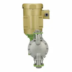 This heavy-duty motor-driven diaphragm metering pump features a PVDF head, PTFE diaphragm and seals, and 316 SS check balls and fittings. It operates on 115/230V AC with a 1 hp motor and offers ±2.0% reproducibility. Suitable for precise chemical dosing in industrial water treatment, chemical processing, and petrochemical applications.