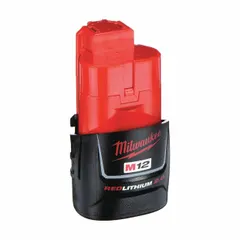 This Milwaukee M12 battery delivers 2 amp-hours of capacity at 12V DC for powering M12 cordless tools. It is compatible with all Milwaukee M12 chargers and is suited for light-duty fastening and drilling tasks in construction, maintenance, and assembly applications. Note: not oil-resistant.