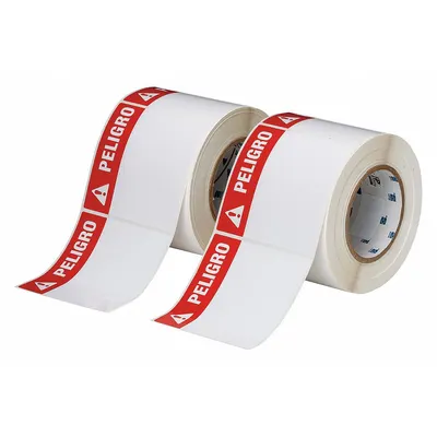 BRADY Pre-Cut Label Stock Roll: Peligro, PELIGRO Header, 4 in x 4 in, 4 in, Polyester - Brady Peligro Precut Label Rolls