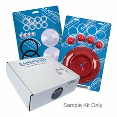 This repair kit rebuilds the fluid section of Sandpiper air-operated double-diaphragm pumps. It is designed for 1-inch pump sizes and includes Santoprene components for chemical resistance. The kit restores sealing and flow performance in industrial applications handling water, chemicals, or slurries.