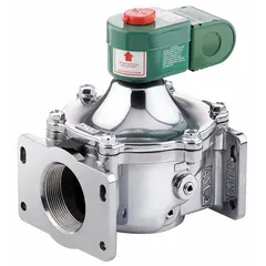 This REDHAT solenoid valve is a 2-way, 2-position normally closed type with a 3/4 in pipe size and 120V AC voltage. It features a coil enclosure with junction box for electrical connections. Typical applications include on/off control of liquids or gases in industrial automation, HVAC, and process systems.