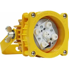This yellow dock light is designed for use with dock fans in industrial loading areas. It includes a mounting bracket for installation. Dimensions: 7 3/4 inches long by 5 inches wide. Manufacturer part number 90210.
