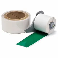 Continuous polyester floor marking tape with rubber adhesive, green gloss finish. Measures 2 in x 50 ft. Designed for use with Brady M710 printer series and M7-R6000 ribbon. Used for safety aisle marking, hazard identification, and area delineation in industrial facilities.