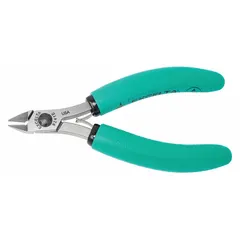 Straight, oval-jaw pliers with flush-cut edges for cutting soft wire. Jaw length and width 3/8 in, overall length 4 1/2 in. Spring return mechanism aids repetitive use. Suitable for precision electronics, jewelry making, and light assembly work.