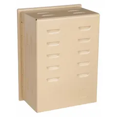 This steel thermostat guard features a solid base and a hinged cover with lock and key, providing secure enclosure for thermostats in commercial and industrial settings. The beige single-wall construction offers protection against tampering and physical damage. Inside dimensions are 7-7/8 in H x 5-11/16 in W x 3-3/8 in D; outside dimensions are 8-7/16 in H x 6-1/4 in W x 3-11/16 in D.