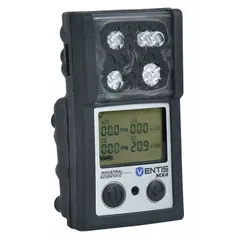 The Ventis MX4 is a portable multi-gas detector for carbon monoxide monitoring. Housed in a black enclosure, it is powered by a lithium-ion battery and rated IP66/IP67 for dust and water ingress protection. Suitable for personal safety in industrial environments such as confined spaces and areas with potential gas hazards.