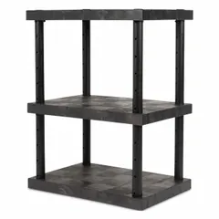 This plastic shelving unit measures 36 inches by 24 inches with an overall height of 48 inches and includes three adjustable shelves. Constructed entirely from plastic, it resists moisture and corrosion, making it suitable for use in warehouses, clean rooms, and food service areas where metal shelving may degrade.