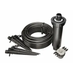 This kit converts a standard sprinkler head into a drip bubbler system. It includes a Pressure Compensating 6 Outlet Manifold for distributing water to multiple points. Suitable for low-flow irrigation in gardens, shrub beds, and flower beds.