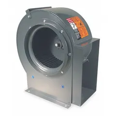 Belt-drive blower with 9-inch wheel diameter and clockwise rotation. Supplied without drive pack; motor horsepower dependent on selected motor (1/4 hp compatible). Suitable for industrial ventilation, exhaust, or material-handling systems requiring adjustable airflow.