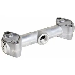 Aluminum manifold assembly with 1-inch inlet and outlet ports. Used to distribute or collect fluid flow in industrial piping systems such as HVAC, compressed air, and process fluid handling.