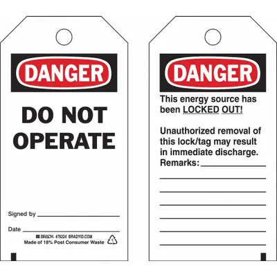 BRADY Danger Tag: Danger, Danger Do Not Operate, Polyester, Date/Remarks/Signed By - Safety