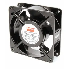 Standard square axial fan with polybutylene blade. Delivers 95 to 115 cfm airflow at 0.000 in static pressure. Height 4 11/16 in, depth 1 1/2 in. Terminals for wiring. IP20 rating. Suitable for general ventilation and cooling in enclosures, control panels, and electronic cabinets.