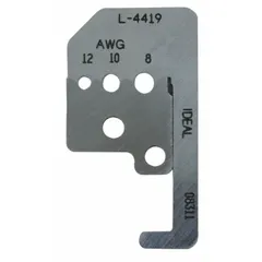 Steel replacement blade set for wire strippers. Overall length 25/32 in. Compatible with IDEAL models 10F548 and 45-090. Used to restore cutting performance when stripping insulation from electrical wires.