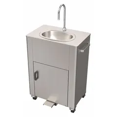 This one-bowl portable hand sink features a single foot pedal faucet with a flow rate of 0.5 gpm. It is designed for temporary or remote worksites, outdoor events, and food service areas where plumbed water is unavailable. The foot pedal operation enables hands-free use to reduce cross-contamination. Note: This unit does not include a water heater.