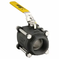 This SHARPE ball valve is a 2-inch, full port, straight pattern valve with FNPT threaded ends. The carbon steel body and polymer seat provide shut-off for on/off flow control in industrial piping systems handling liquids, gases, or slurries. The locking lever handle allows secure manual operation.
