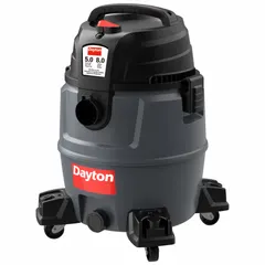 This DAYTON vacuum features an 8-gallon plastic tank for wet and dry pickup. It includes an 8-foot hose with a 1 1/4-inch diameter, suitable for general-purpose cleaning in workshops, garages, and job sites.