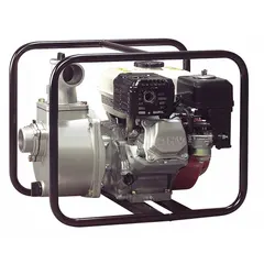 Engine-driven water pump with a 2 in NPT inlet and outlet, cast iron volute, and recoil-start ignition. Powered by a Honda engine, it delivers a maximum head of 98 ft. Suitable for dewatering, irrigation, and water transfer in locations without electric power.