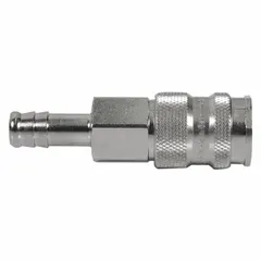 This brass quick-connect air coupling body features a ball locking mechanism and a 3/8 in male hose barb fitting. Designed for pneumatic systems, it enables secure, quick-disconnect connections between air tools and hoses. The 1/4 in body size is standard for industrial interchange applications.