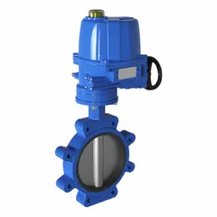 This ductile iron electric butterfly valve features a lug-style body with EPDM sealing and operates on 120V AC with manual input control. Designed for general-service flow control in piping systems handling water, wastewater, or HVAC media.
